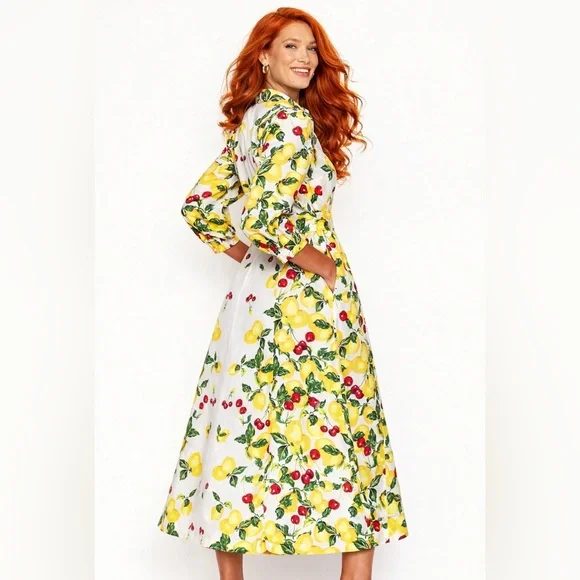 Boden Clara Linen Blend Shirtdress Lemon Cherry Fruit Print NWT Rare US10 UK14 - Picture 2 of 11